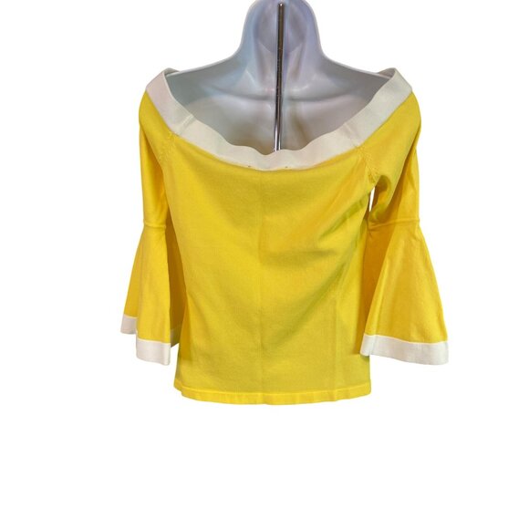 Boston Proper Knit Blouse M Yellow Off-Shoulder Bell Sleeves Casual Resort Chic - Picture 3 of 9
